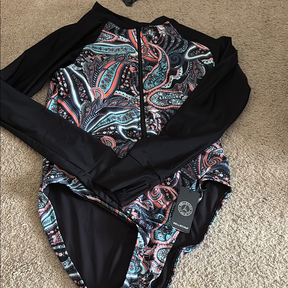 Black and Blue Paisley One Piece Swimsuit 001C